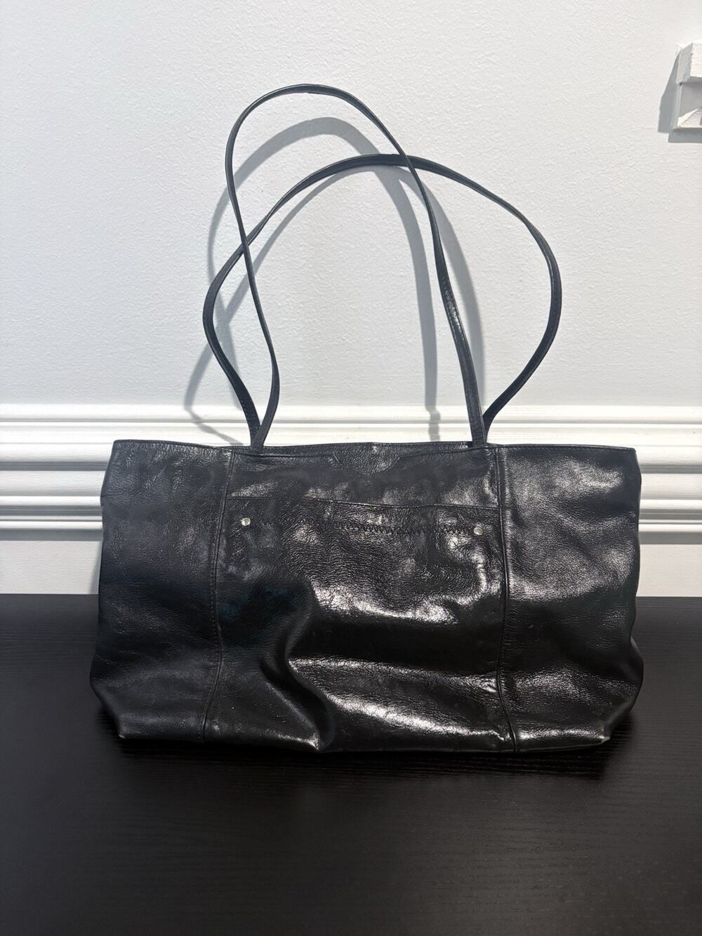 LATICO Genuine Leather Women's Black Medium Market Tote Bag Purse, 16"W x 9"H